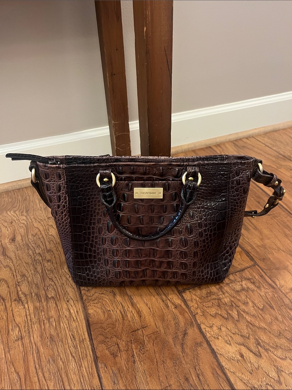 Brahmin Dark Brown Croc-Embossed Tote with Gold Hardware